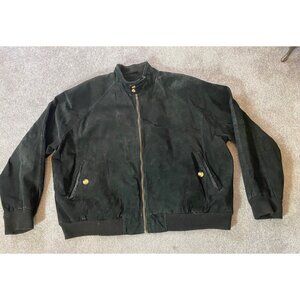 Orvis Mens Black Suede Leather Jacket Green Blue Plaid Lining Full Zip XXL
